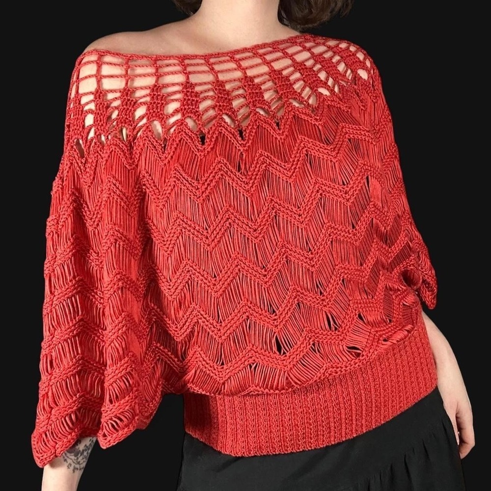Red Crochet Off Shoulder Batwing Knit Top Zig Zag Pattern Boho Festival L/XL
